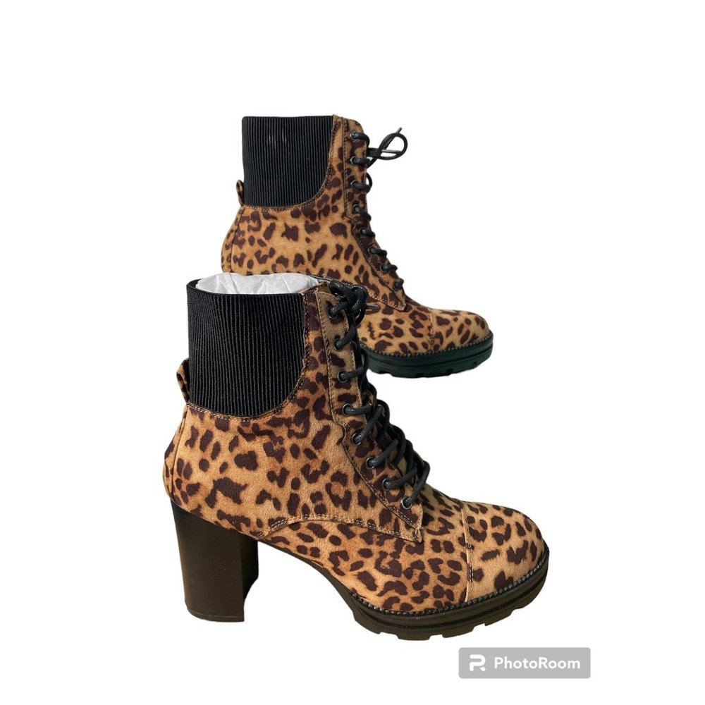 Women Size 9-1/2 BRASH TIMBER Lace Tie Combat Boots, Leopard (animal print)